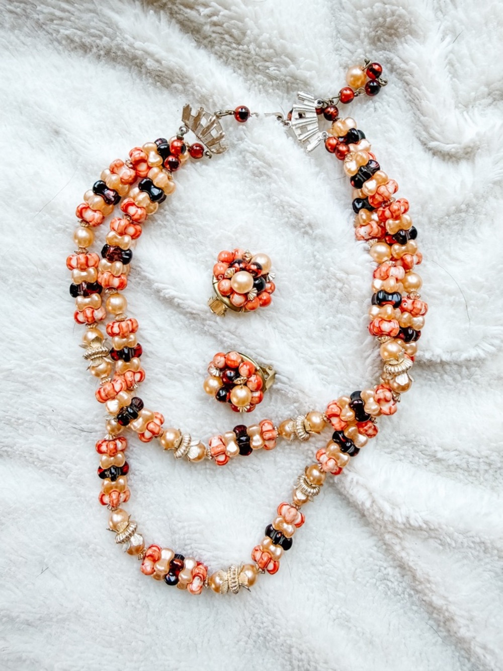 Vintage 3-Strand Beaded Statement Set - Cluster Earrings & Necklace - Picture 3 of 9